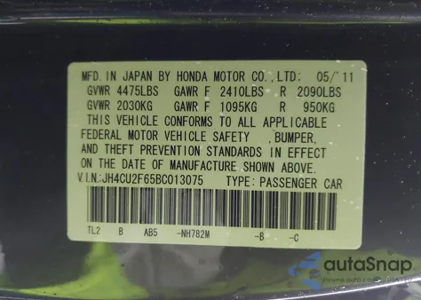 2011 Acura Tsx 2.4 from USA, damaged, VIN JH4CU2F65BC013075